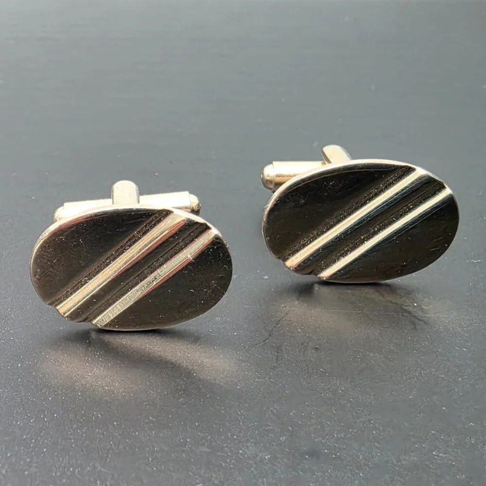 Vintage Gold Tone Oval Cufflinks Diagonal Stripe Mid Century Modern Geometric MC